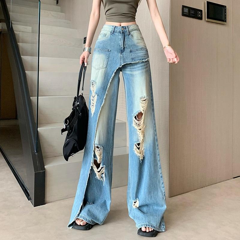 plus size Vintage hole high waist casual loose long Women spring summer jeans denim wide leg Pants