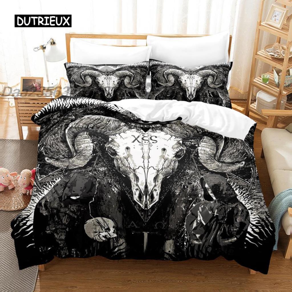 Satanic Duvet Cover Satan Goat Inverted Pentagram Skull Comforter Cover Quilt Cover Bedroom Decoration for Women Men Children