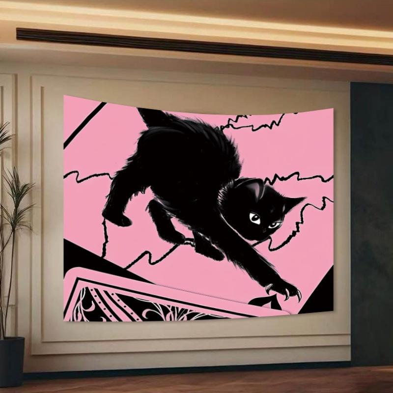 

Black Cat Tapestry Art Wallpink and Black Animal Print Polyester Tapestry Living Room Bedroom Office Decor 74x94cm(29x37in)