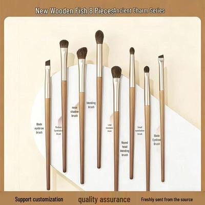8-Piece Wooden Makeup Brush Set - Includes Eyeshadow and Nose Shadow Brushes for Complete Beauty Application