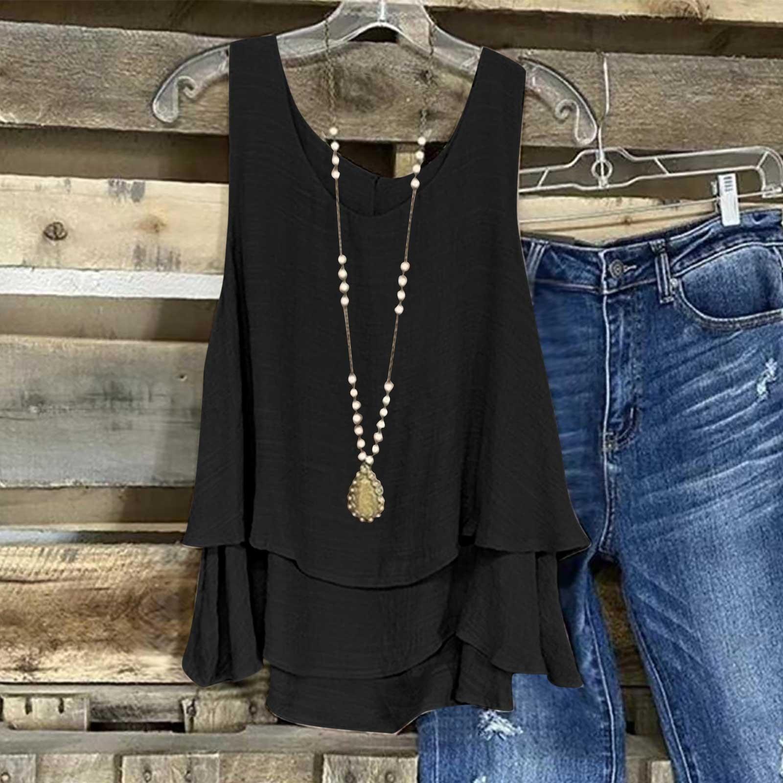 

Женские топы, повседневные многослойные топы с рюшами, повседневные топы без рукавов с рюшами, летние рубашки свободного покроя с круглым вырезом, жилет, топ XXXL чёрный