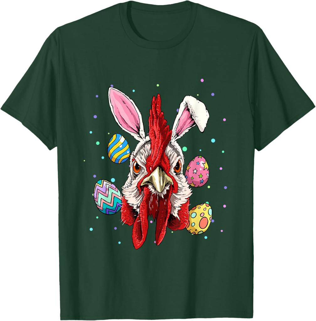 Funny Rooster Bunny Easter Egg Graphic Tee Men's Casual Short Sleeve T-Shirt Trip