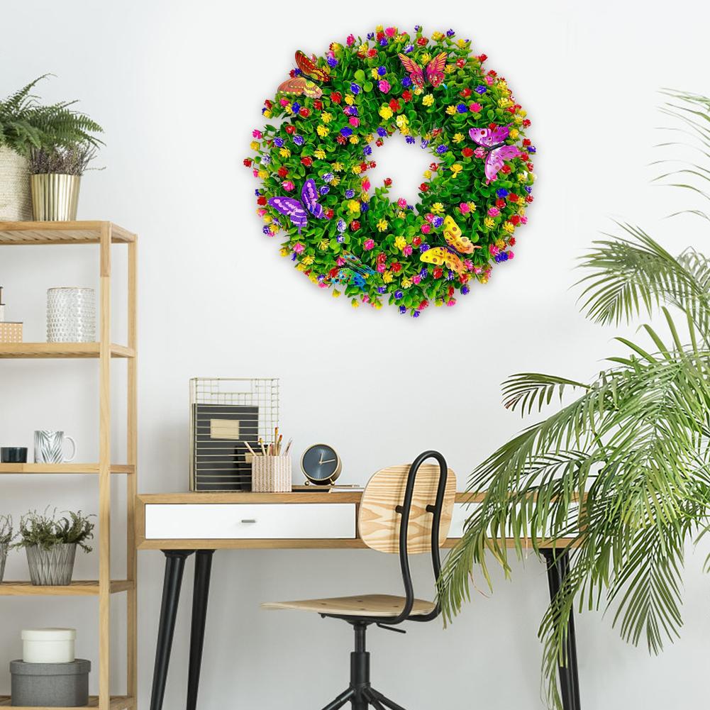 Handcrafted Artificial Eucalyptus Wreath with Butterfly Flower Faux Leaf Plastic Wreath for Farmhouse Party Holiday Home Wall