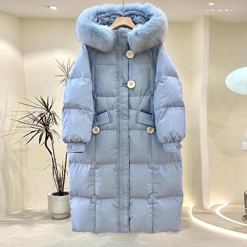 

Новий надрозкішний пуховик жіночий середньої довжини та довгий дизайн до коліна, модний довгий стиль, потовщений, солодкий, з капюшоном, великий хутряний комір M
