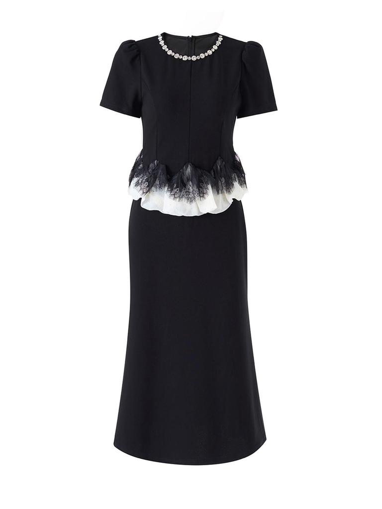 High-Quality Socialite Style Rhinestone-Inlaid Faux Two-Piece Slim-Fit Dress for Spring/Summer