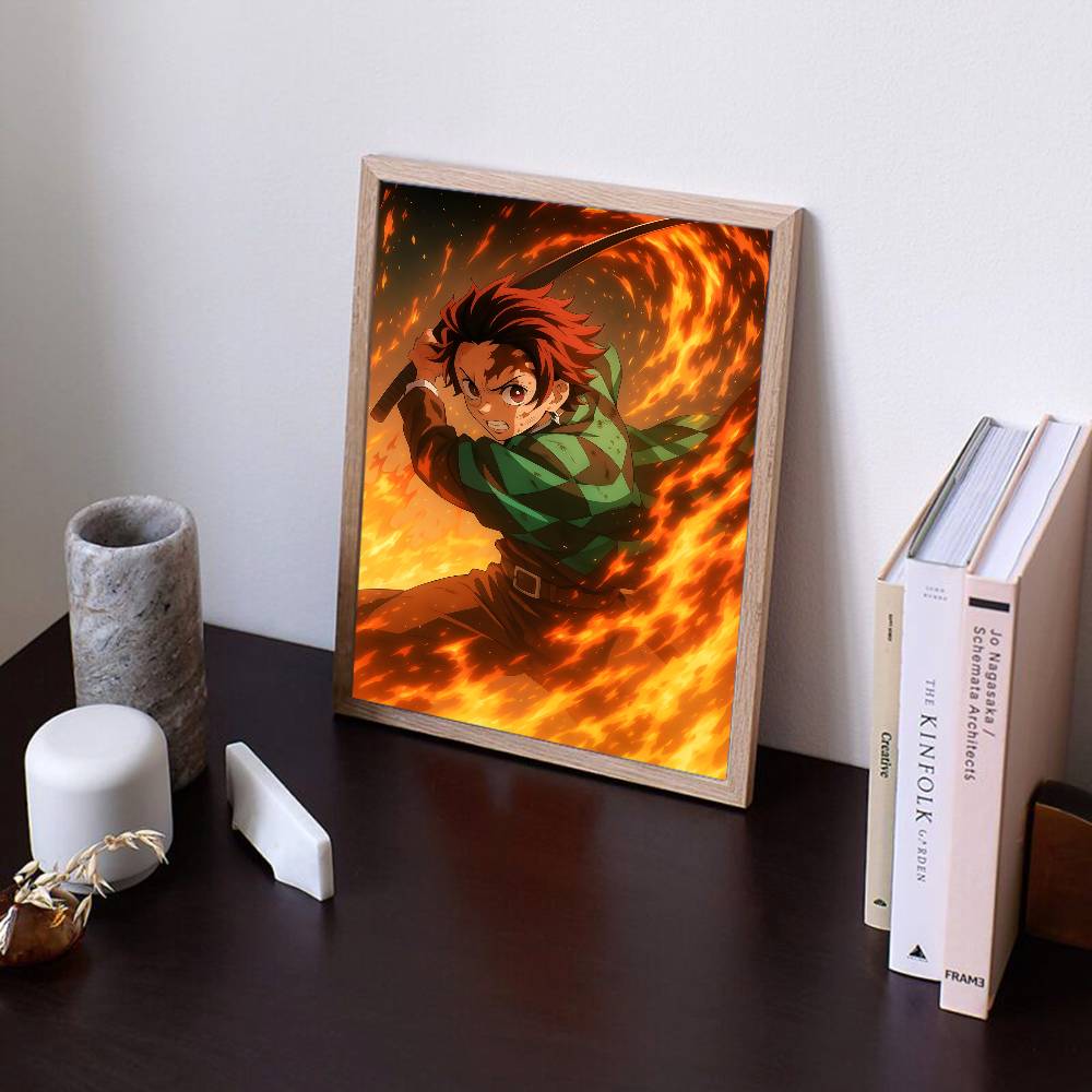 Japanese Anime Demon Slayer Self-adhesive Art Poster Retro Kraft Paper Sticker DIY Room Bar Cafe Stickers Wall Painting