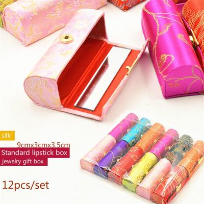 Embroidered Single Lipstick Box Satin Woven Single Lipstick Case Jewelry Storage Box with Mirror