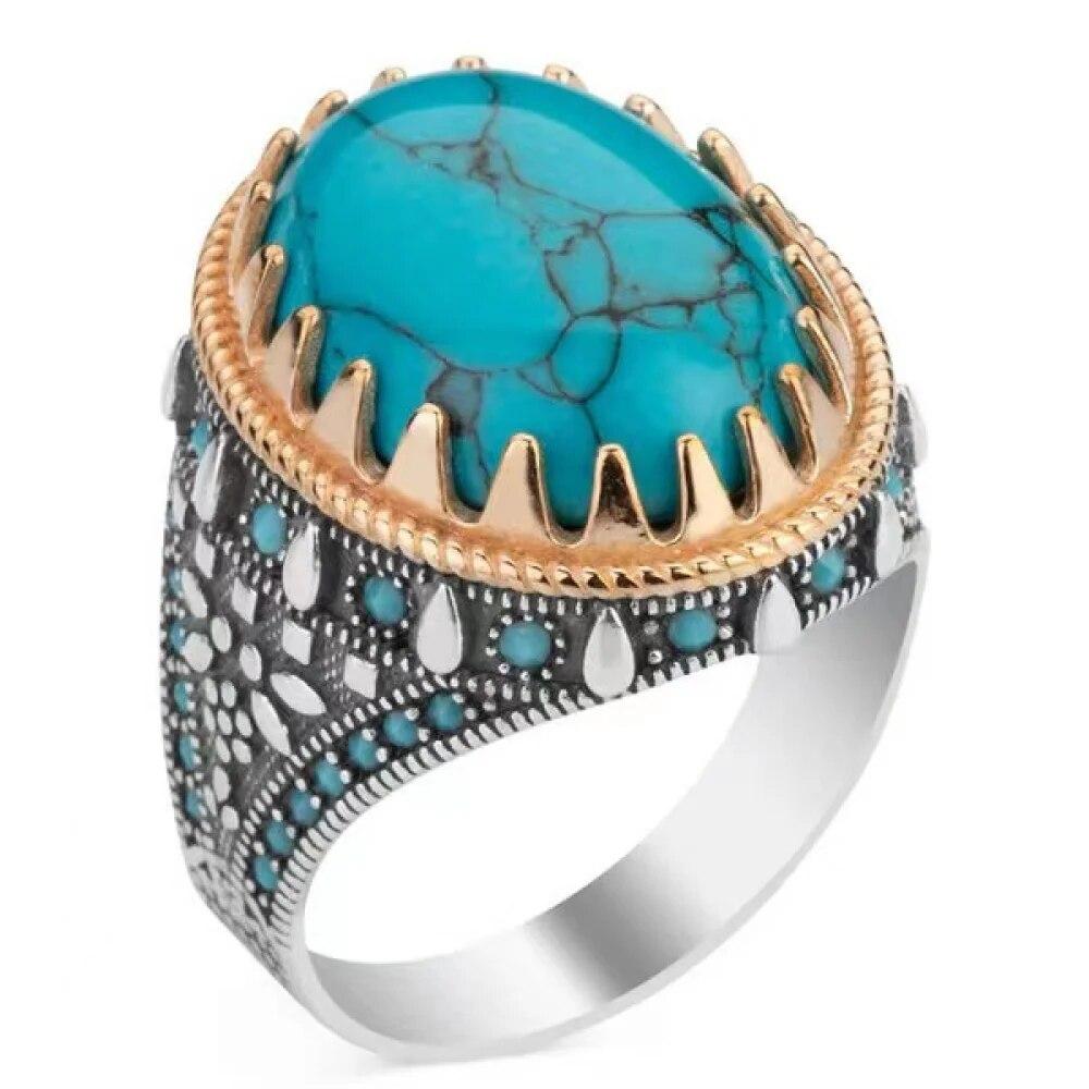 Handmade Turkish Jewelry Big Oval Natural Turquoise Stone Rings For Men Retro Green Red Blue Zircon Wedding Rings For Women