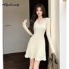 French Chic Autumn Winter Women Mini Dress V Neck Basic Knitting Bodycon Dress Feminine Knitted Ladies' All-Match Dress