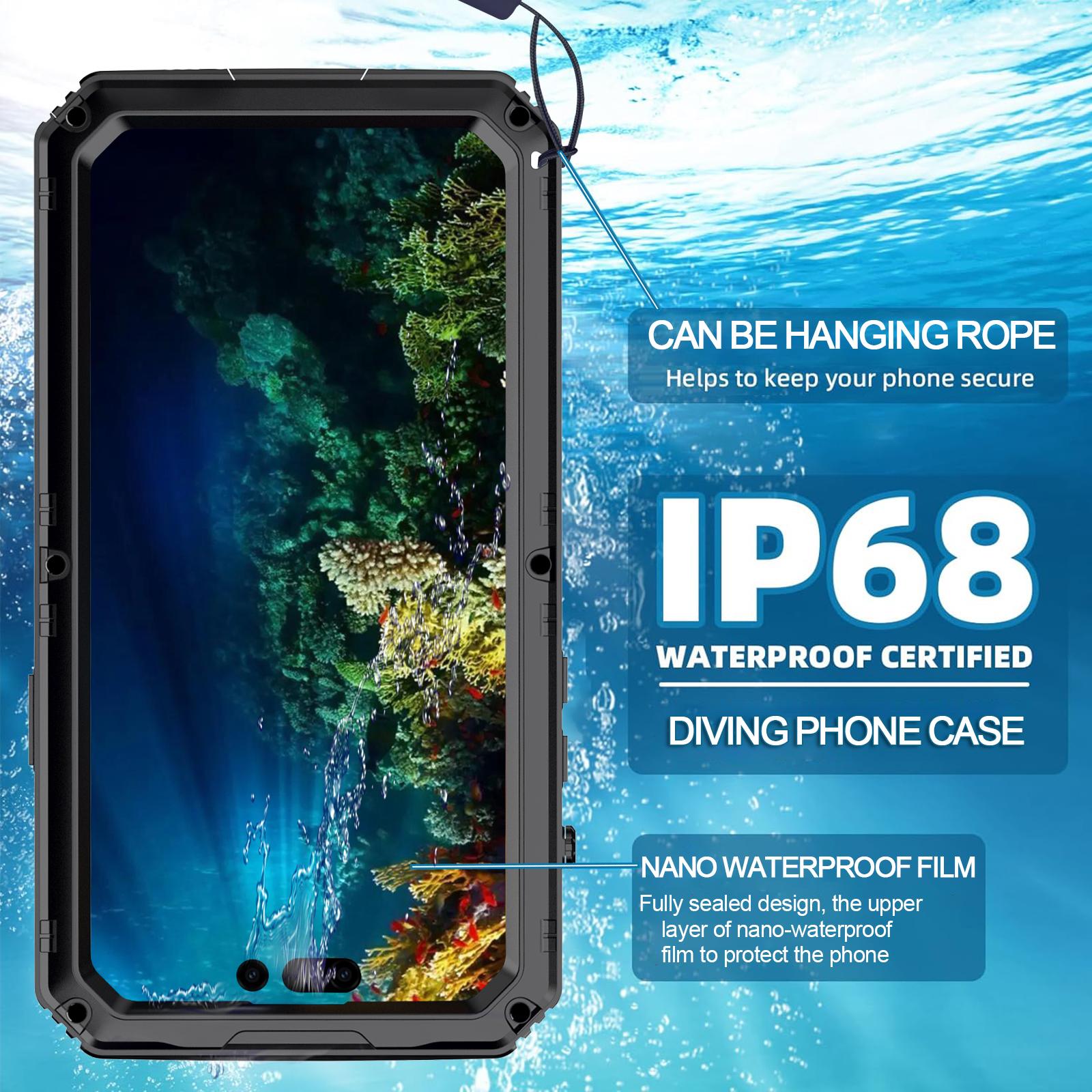 Металлический ударопрочный чехол повышенной прочности для Iphone 15 14 Plus 13 Pro Max Водонепроницаемый чехол IP68 Полная защита Чехол для плавания и снорклинга iPhone 15 Pro Max чёрный