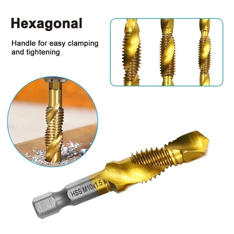 A96I-6Pc High Speed Steel M3-M10 Titanium Plated Composite Tap Hexagonal Drill And Tap Integrated Tap Machine