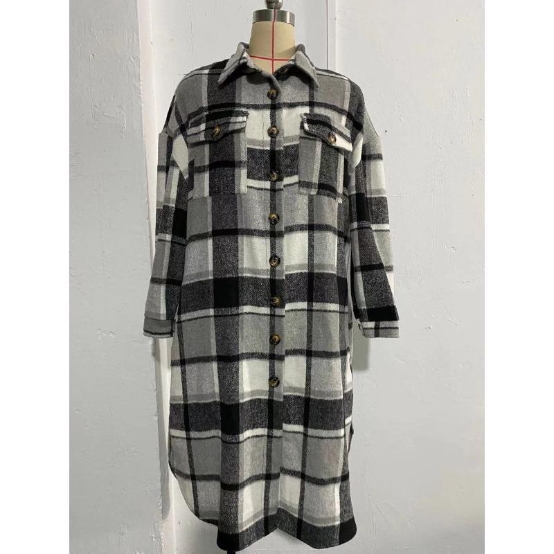 Women's Autumn Winter Plus-size Long Split Woolen Plaid Trench Coat