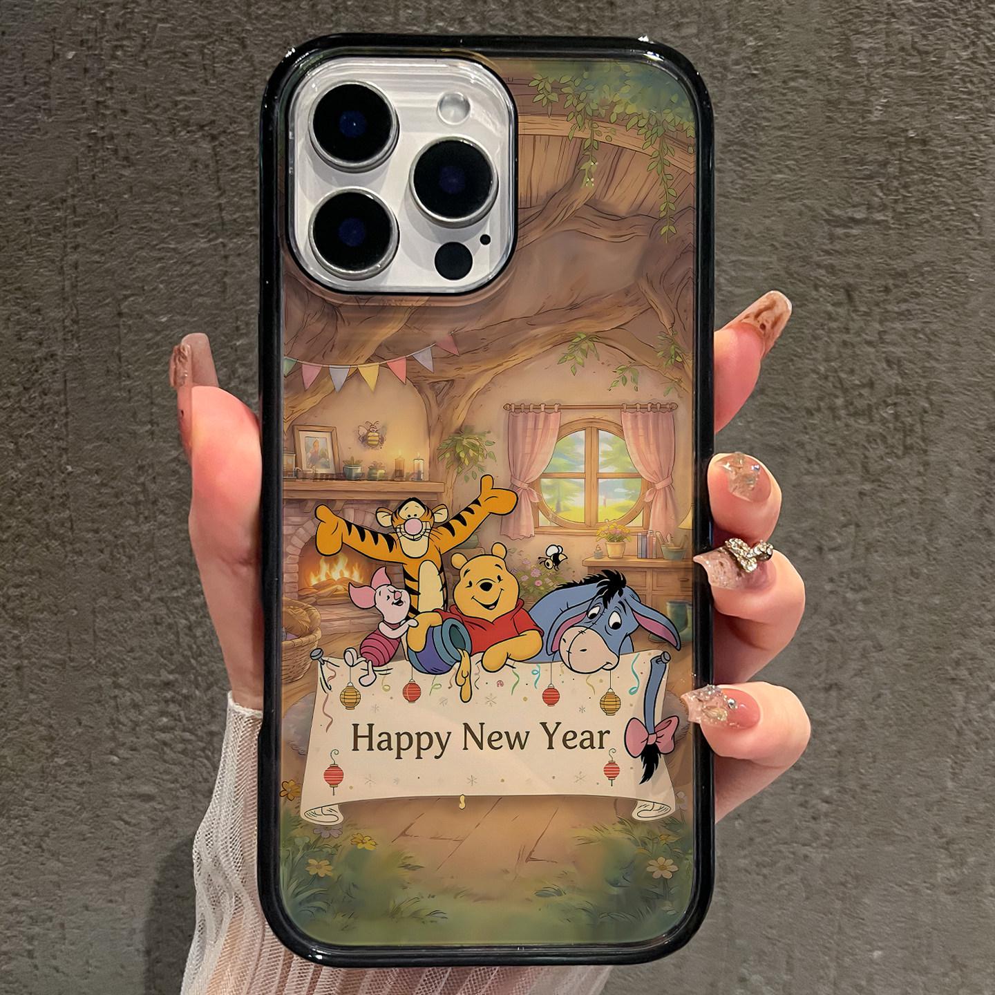 

Winnie Transparent Phone Case with Black Edges for Apple 16 Pro Max, 17 Pro Max, and 14 Pro. Perfect for New Year, Cute Design. 14 Pro Max