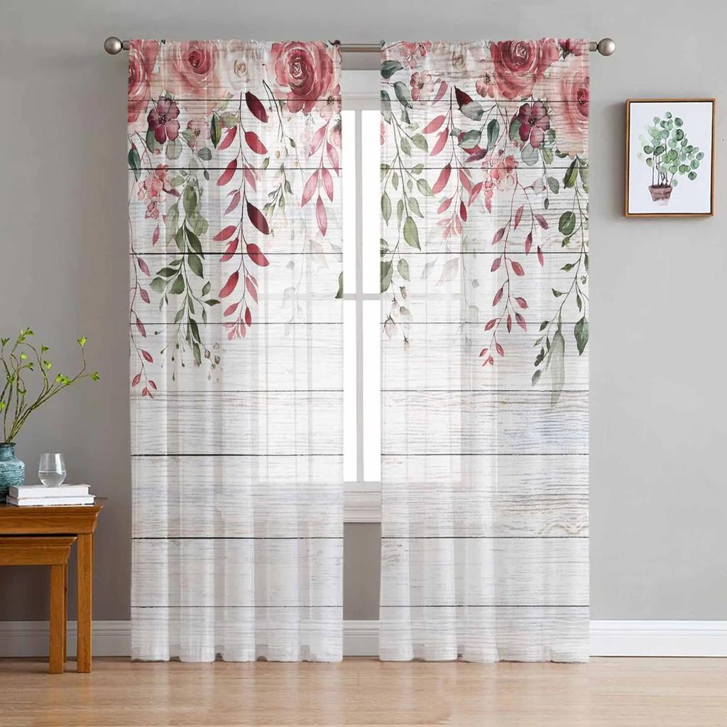Rose Flower Leaves Tulle Curtains For Living Room Sheer Curtain For Bedroom Kitchen Blinds Voile Curtains