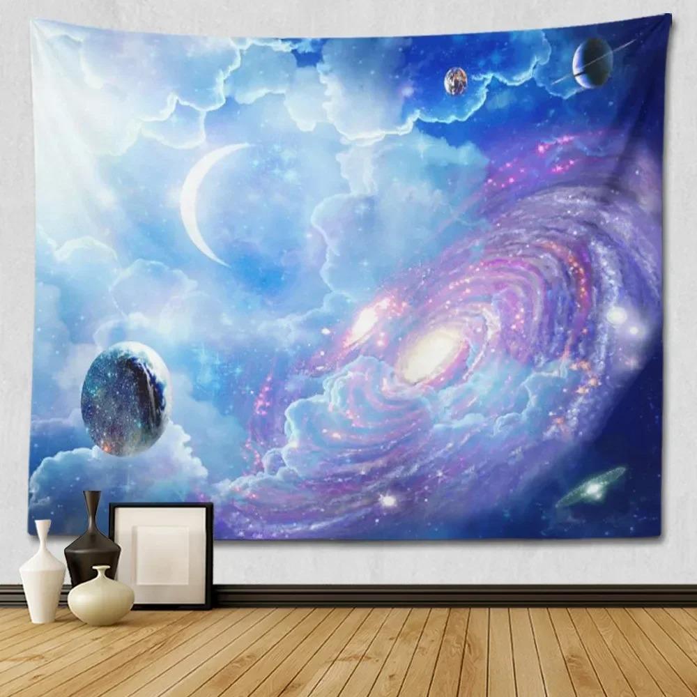 Suitable For Bedroom Wall Decoration Starry Sky Moon Tapestry Blue Starry Night Galaxy Universe Large Fabric Wall Hanging