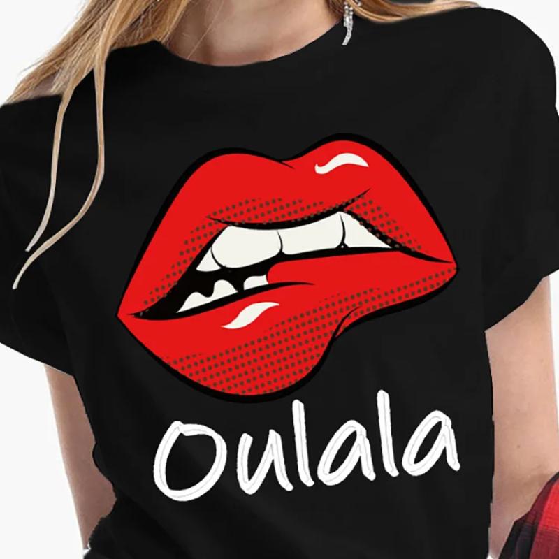 Sexy Kiss Lip Pattern Women's T-Shirts Funny Trend Black Tees Fashion Casual O-neck Short Sleeve Tops Oversized Female Pullover