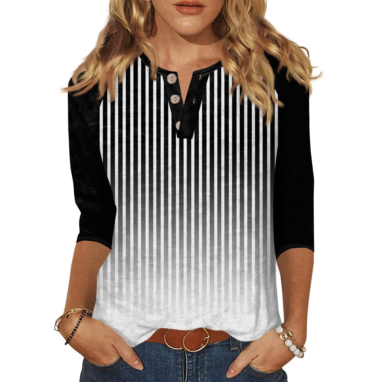 

Жіноча футболка з принтом на ґудзиках з рукавами 3/4, щоденна мода на вихідні, звичайний топ із V-подібним вирізом L чорний