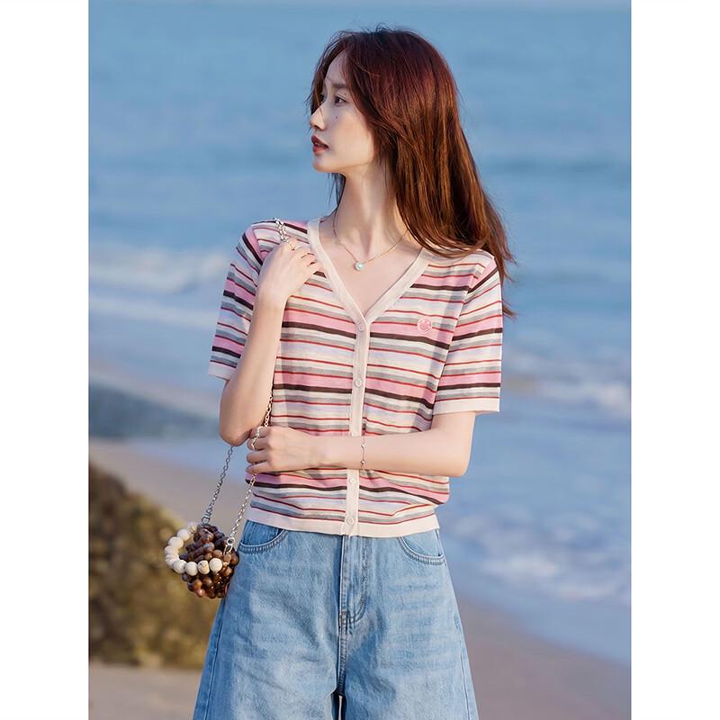 Women's Striped Knit Short-Sleeve Cardigan
