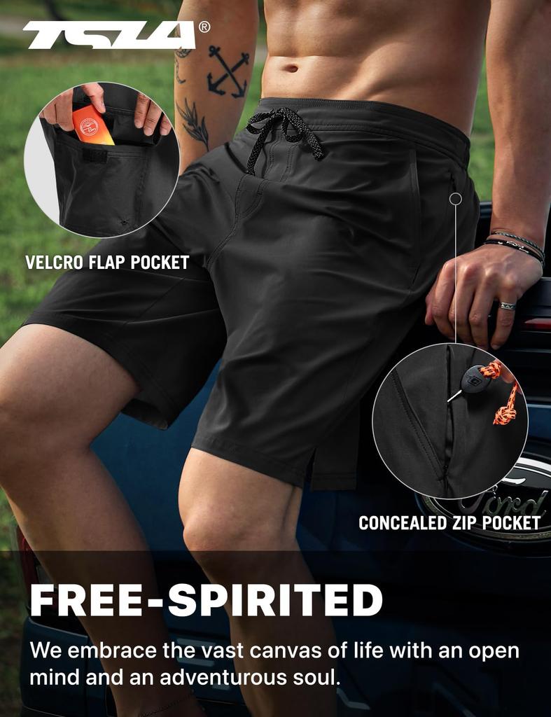 [Tesla] Men's Swimwear with Mesh Inner Lining, Swim Shorts, Surf Shorts, Board Shorts, Amphibious, Quick-Drying, Breathable, UV Protection, Elastic Wa