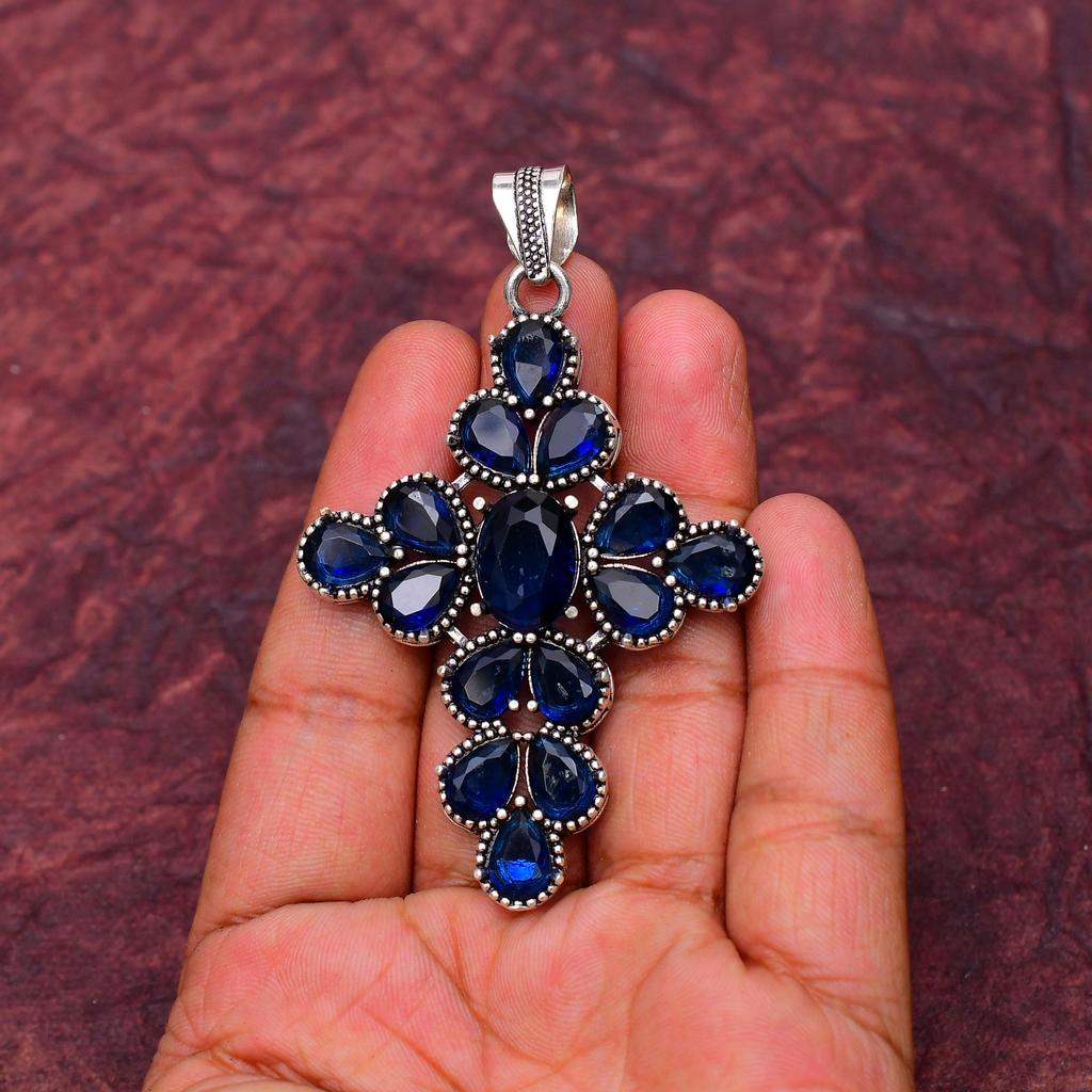 Blue Sapphire Gemstone Cross Shape Pendant : 925 Sterling Silver Handmade Jewelry Pendant