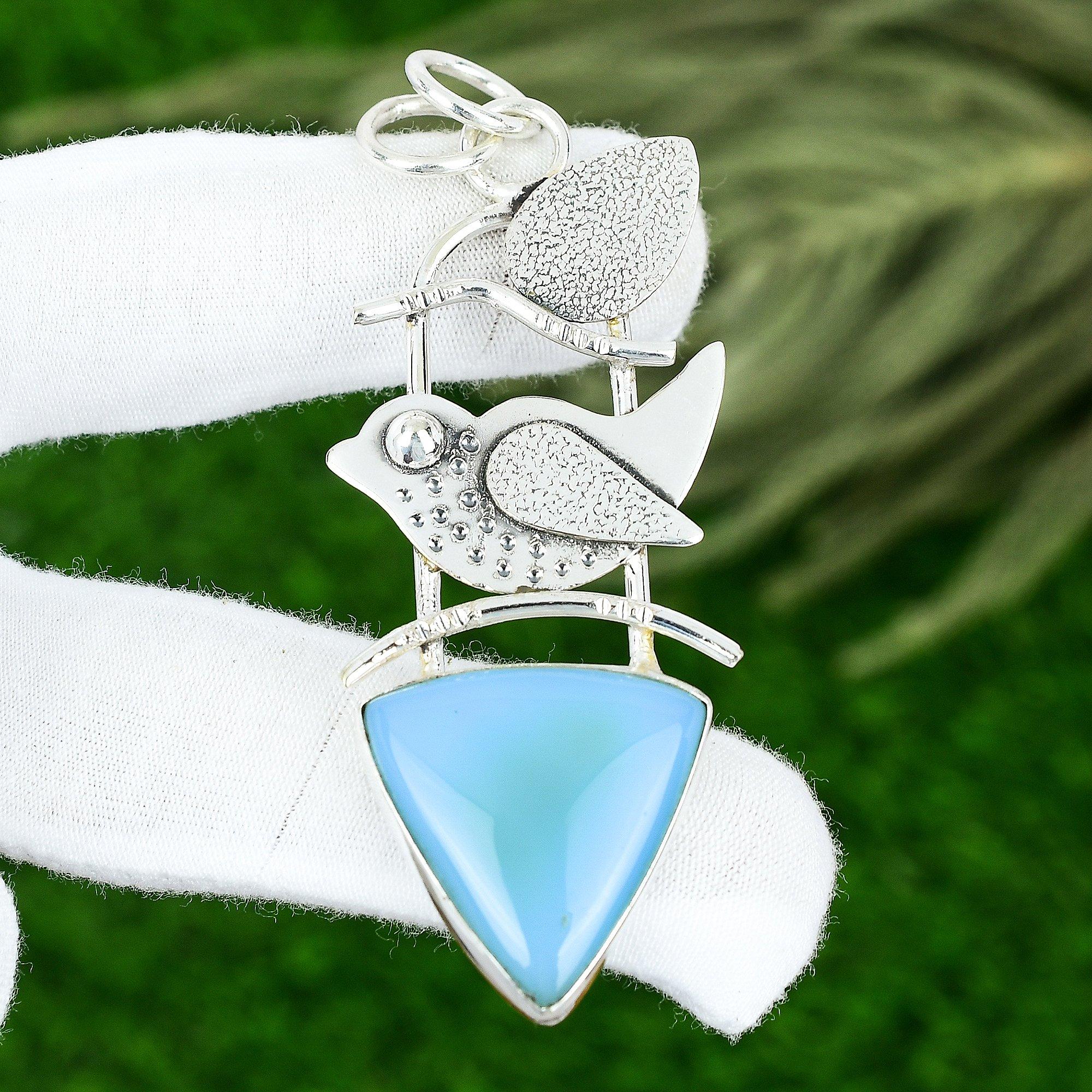 

Sterling Silver Trillion Owyhee Blue Opal Stone Daughter Engagement Boho Pendant