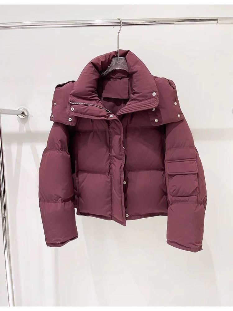

Beige Quilted Down Jacket with Stand Collar and Button Tab Detail XXXL бордовий