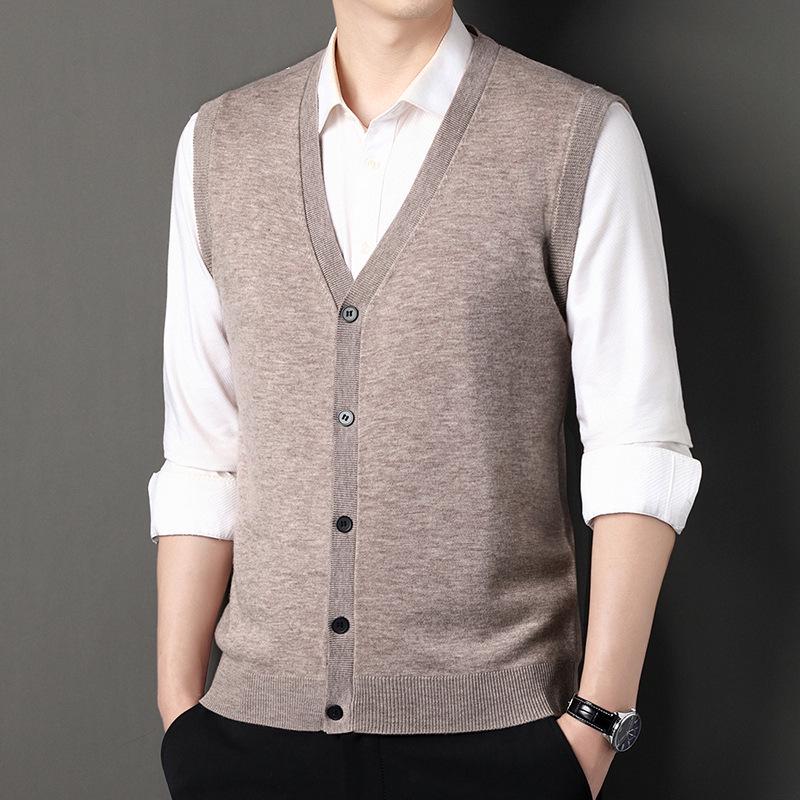 100% Pure Wool Men's Winter 2025 Cardigan Vest - Sleeveless, Middle-aged Style Sweater