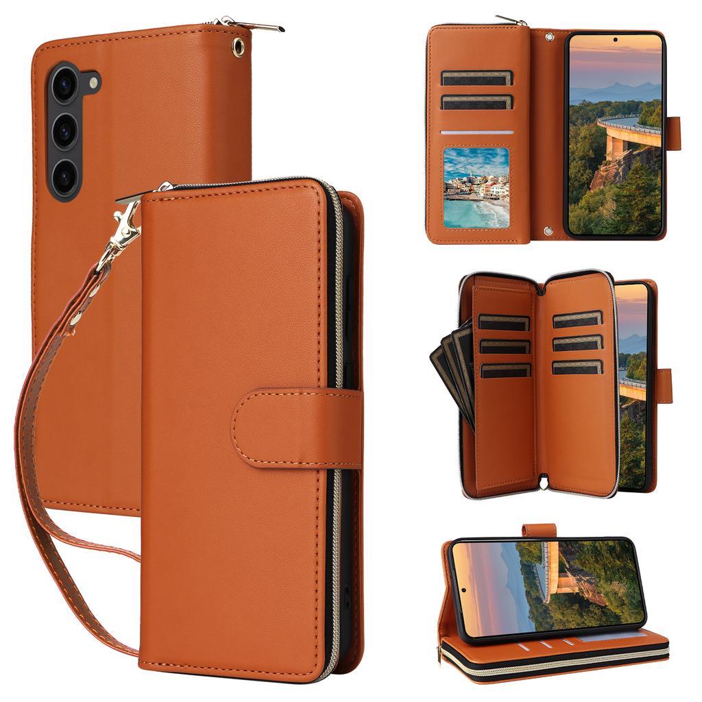 R20 For Samsung Galaxy S23+ Case Zipper Pocket Leather Phone Cover with 9 Card Slots