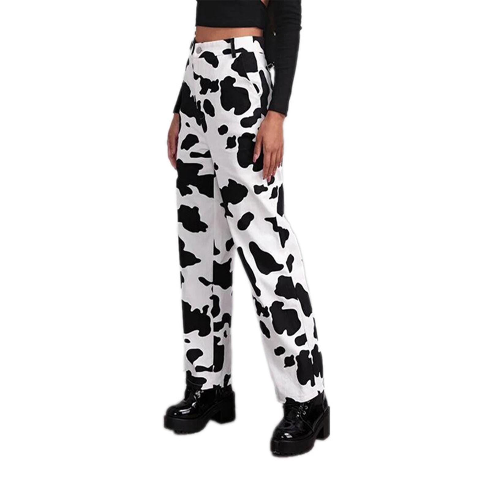 

Women s Cow Printing High Waist Jeans Pants XS чорний