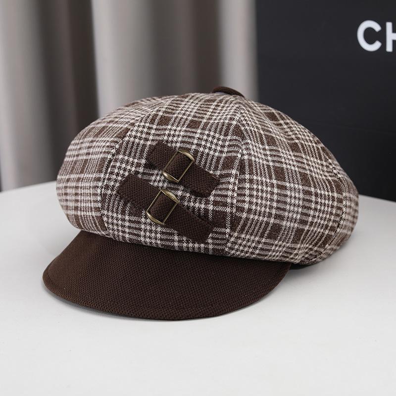 Early spring hat women's new autumn and winter octagonal hat versatile British retro plaid Bere newsboy hat