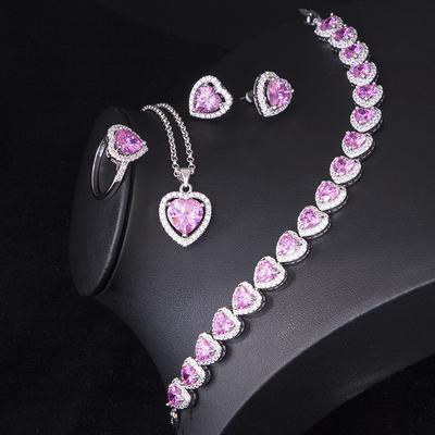 2026 Pink Heart Necklace Earrings Ring Four-piece Love Zircon Jewelry Set Exquisite
