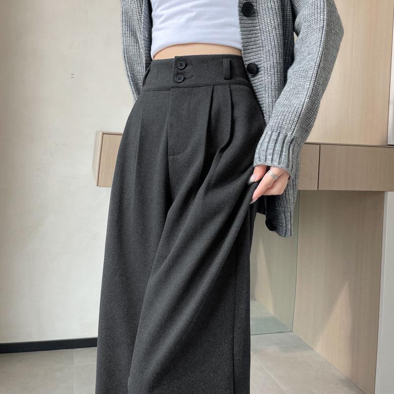Kalhoty s vysokým pasem Dámské Rovné Černé Kancelářské Kalhoty Módní Knoflík Volné Jarní Streetwear