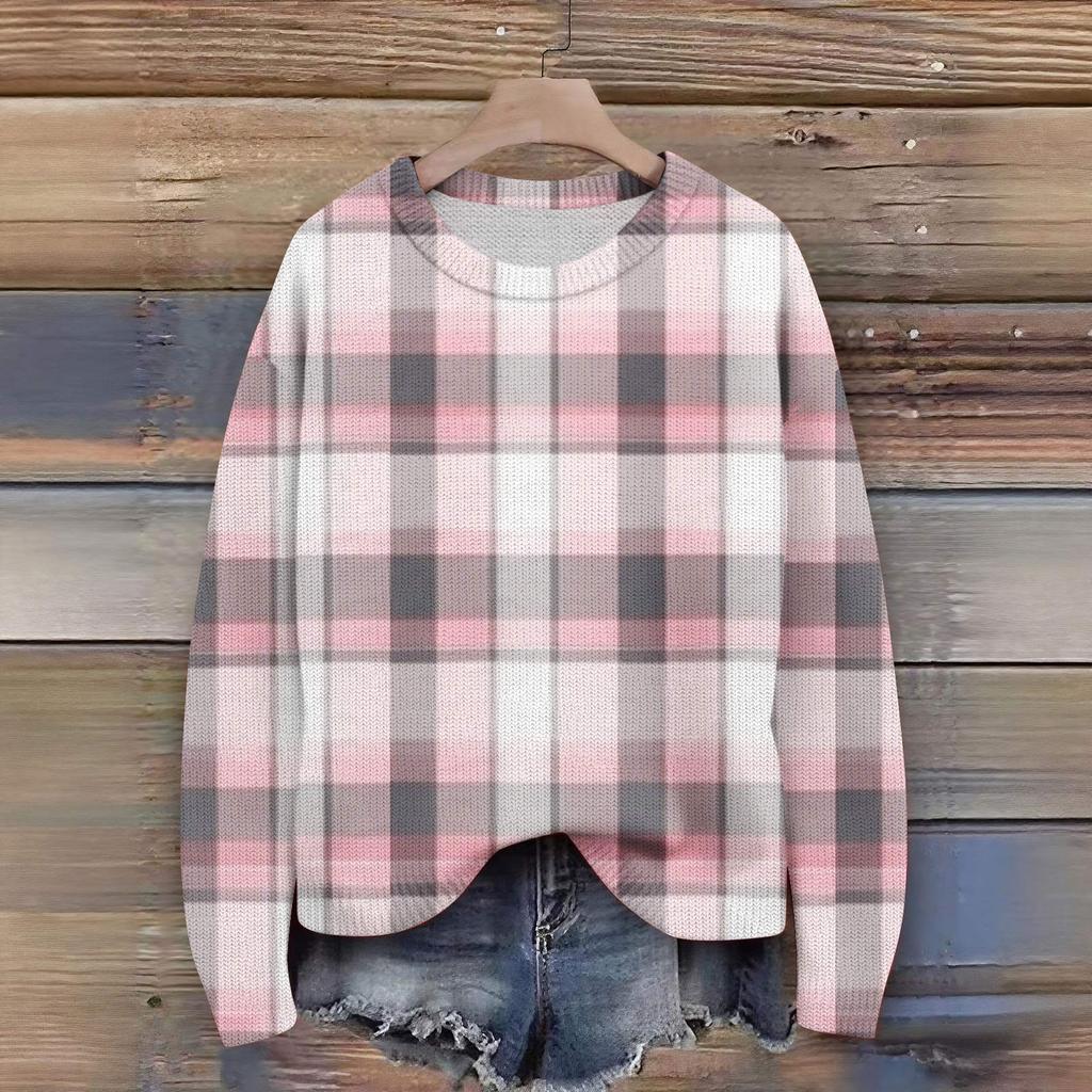 Long Sleeve Pullover Sweaters For Women O Neck Casual Cute Printing Knit Oversized Sweater