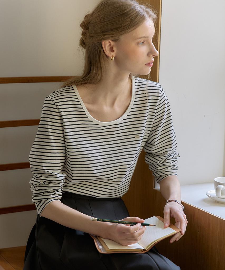 OURHOPE Logo Stripe U-Neck Sleeve T-Shirt - Black