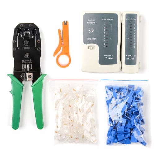 IWISS LAN Cable DIY Tool Kit, Crimping Pliers (with Stripper), LAN Cable Tester, 100 Connectors, Single Wire, CAT6 Compatible, 6-Piece Set