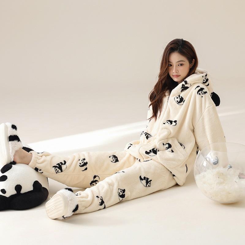Cozy Fleece Pajama Set Couples Panda Cartoon Print Warm Winter Home Wear Long Sleeve Hooded
