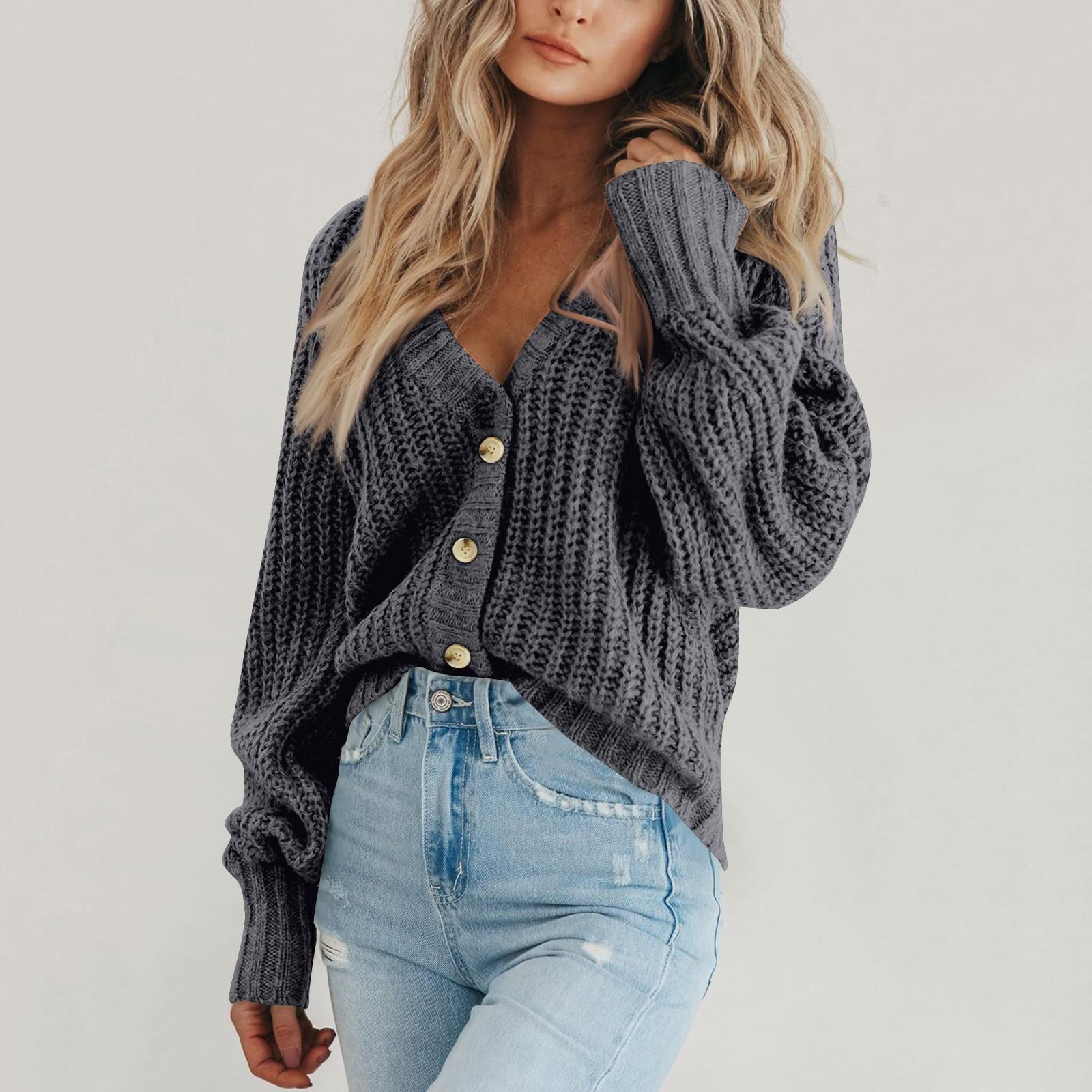 

Жіночий однотонний трикотажний вільний кардиган з довгим рукавом і V-подібним вирізом L