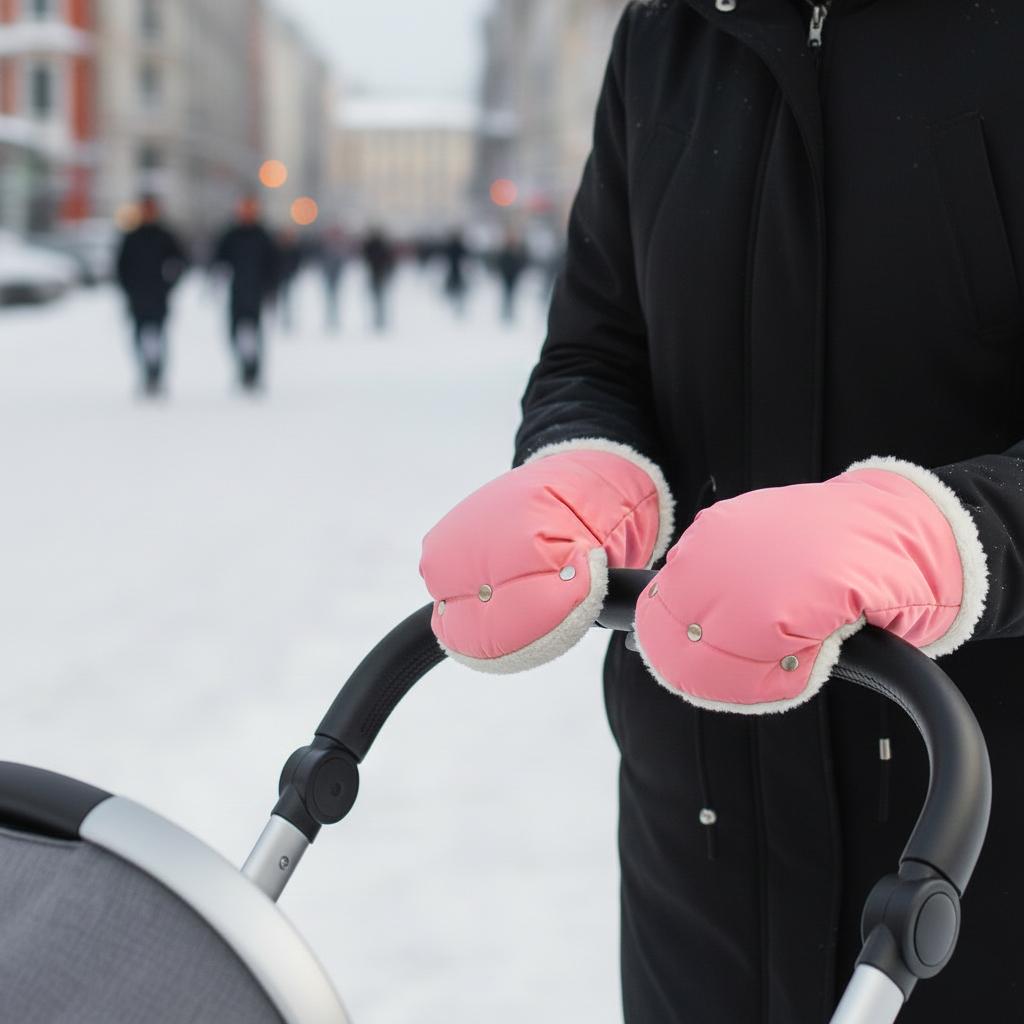Pink muff gloves for stroller sled insulated fur winter