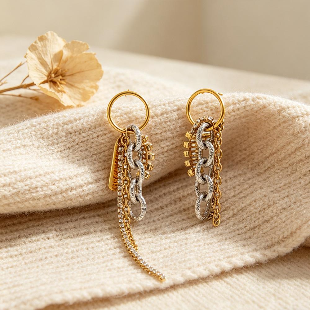 Stainless Steel Hiphop Chunky Tassels Earrings Multi Chain Dangle Small Circle Ear Hoop with Sparkle Zircon Mix Statement Jewelr