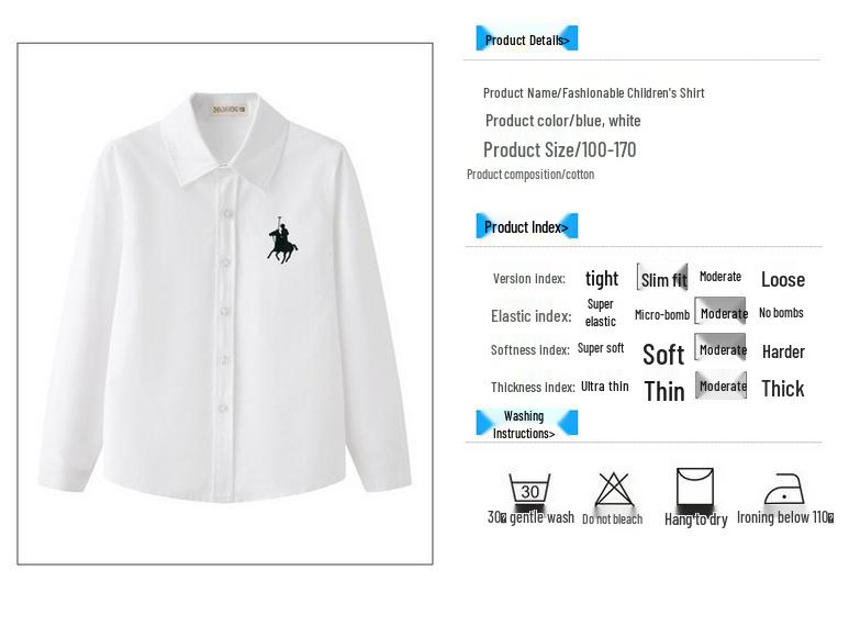 Boys' Blue Knight Long Sleeve Shirt for School Uniform or Performance, White, Spring/Autumn