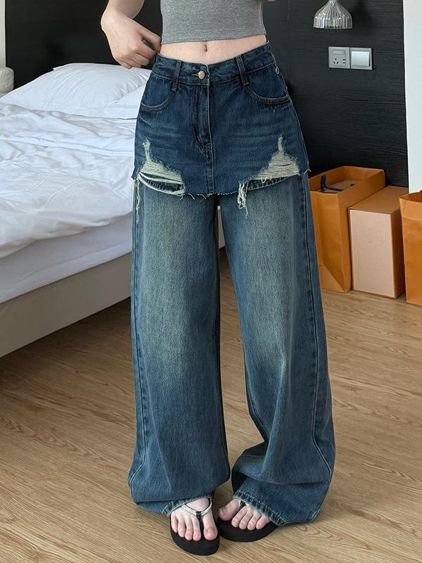 2026 Spring/Summer Women's High Waist Wide Leg Jeans with Faux Two-Piece Design