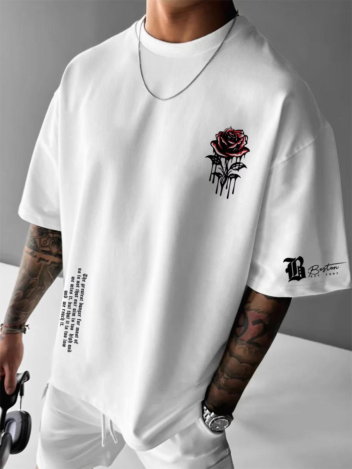 Men s Boston Gothic Rose Graphic Print T-shirt Oversized 100% Polyester 4XL