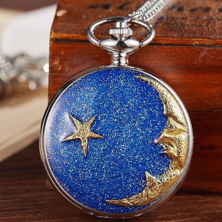 Star Moon Quartz Necklace Inlaid Pocket Watch Pendant Chain for Male Women