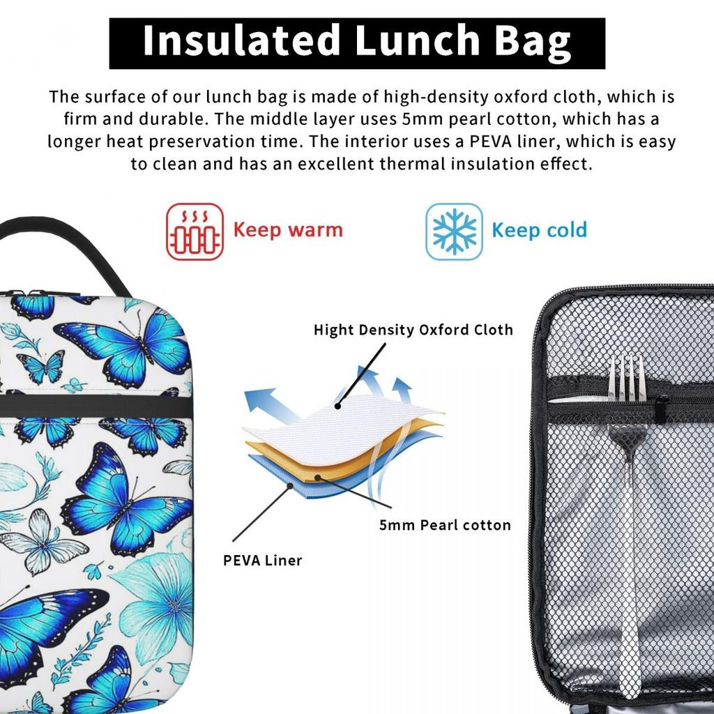 Blue Butterfly Pattern Insulated Lunch Bag for Kids School Cooler Thermal Food Box Tote Portable Lunch Boxes Container