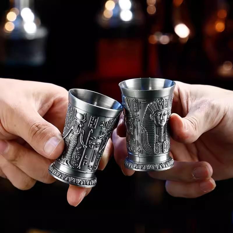 Ancient Egypt Totem Art Relief Retro Bronze Liqueur Wine Glass Vermouth Absinthe Cocktail Cup Metal Liquor Vodka Small Wineglass