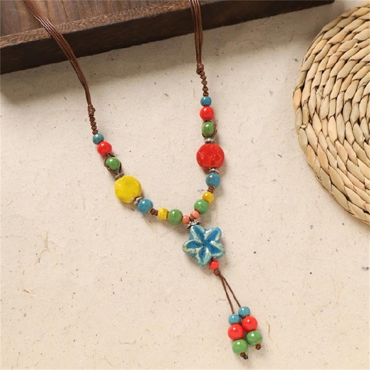 Delicate Ceramic Flower Beaded Necklace Handcrafted Retro Long Sweater Chain For Various Occasions