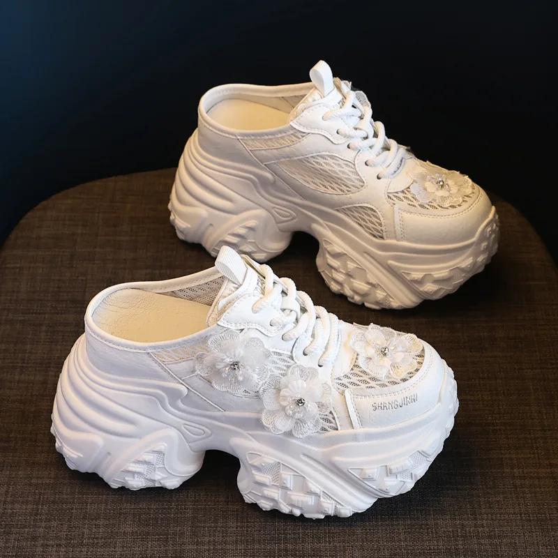 9CM Air Mesh Genuine Leather Chunky Sneaker Fashion Spring Summer Ankle Boots Hook High Brand Comfy Booties Flower Shoes Women