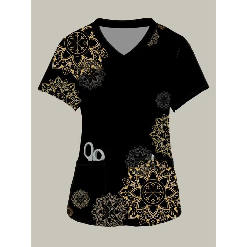 Sommer-Kurzarm-T-Shirt Medizinischer Anzug Damen Modebedrucktes Lässiges V-Ausschnitt-Kurzarm-Chirurgie-Anzug mit Taschen