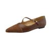 Retro Pointed Single Shoes Women's Splicing Design Light Mouth Versatile Brown French One-word Buckle with Flat Shoes