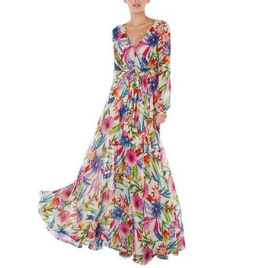 Übergröße Böhmisches Strand Damen Blätterdruck V-Ausschnitt Lange Laternenärmel Maxi-Kleid